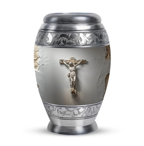 Urna Funeraria de Metal con Cruz Sagrada de Aluminio, Diseño de Amanecer en una Cueva Marina, Grabada a Mano, Acabado Plateado, de Latón, para Cenizas Humanas - Product Image 5