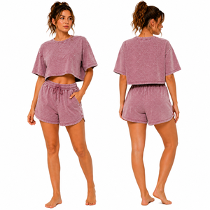 Women's 2 Piece Acid Wash Shorts <b>Set</b> Crop Top Pocket Crew Neck Regular Fit Solid Anti-wrinkle Smocked Waist Garment Dyed <b>Knitted</b> - Product Image 1