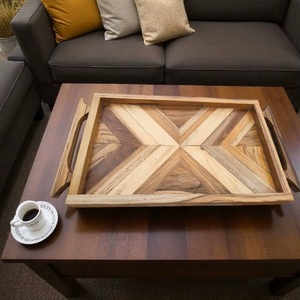 Large Rectangular Wooden Serving <b>Tray</b> – Solid Wood Geometric Pattern <b>Tray</b> for Food, Coffee & <b>Breakfast</b> Serving - Product Image 1