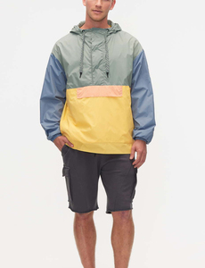 Veste coupe-vent légère en nylon froissé bleu pour homme, avec logo personnalisé, imperméable, design patchwork colorblock, à capuche, grandes tailles - Product Image 1