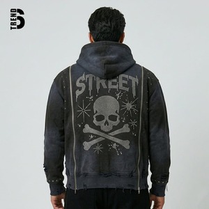 Sweat à capuche personnalisé Y2K avec strass pour homme, multi-zips, délavé à l'acide, streetwear, épais 400 g/m², effet vieilli, vintage, 100 % coton - Product Image 2