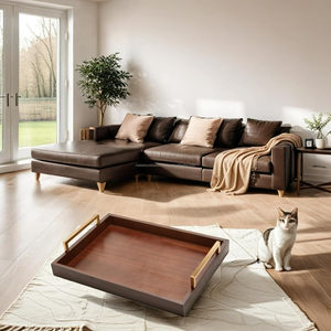 Bandeja de servicio de madera de lujo con asas de metal dorado para bebidas, alimentos y aperitivos con detalles dorados - Product Image 3