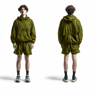 Ensemble veste coupe-vent à capuche et short pour homme, léger, sportif, coupe ample, couleur unie, fermeture à cordon, tenue de pluie d'été pour homme - Product Image 2