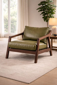 Sillón de Cuero Moderno de Mediados de Siglo, Estructura de Madera Maciza, Respaldo Acolchado, Tapizado, para Sala de Estar, Verde Oliva - Product Image 2