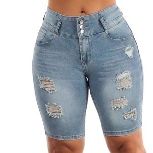 Shorts en jean bleu extensibles et respirants pour femmes, taille élastique, grandes tailles, en tissu, vente en gros - Product Image 6