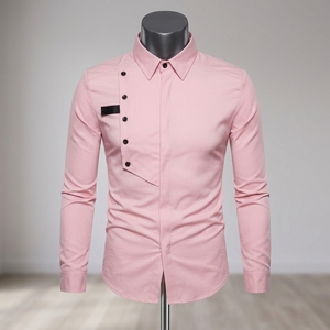 Camisa de Vestir Rosa para Hombre, con Botón Lateral Asimétrico, de Lujo, Casual, Corte Ajustado, Diseño de Manga Larga, Blusa de Algodón a la Moda - Product Image 6