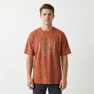 <b>Men's</b> Rust <b>Orange</b> Vintage Camping Graphic T <b>Shirt</b> with Mountain Tent Pine Forest and Outdoor Adventure Illustration - Product Image 1