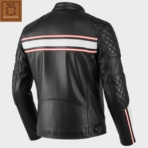 Veste en cuir noir pour homme, style Cafe Racer, rayures blanches et rouges, épaules matelassées - Product Image 2