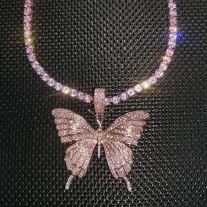 Pendentif Papillon Or Rose en Argent Sterling avec Pierres Moissanite Micro-Pavées, Breloque Thème Glacé, Bijoux de Luxe Hip Hop, Chaîne Tennis - Product Image 2