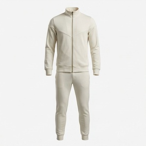 Men's Cream Color Full Zip <b>Tracksuit</b> Solid Design Casual Sportswear With Side Pockets Stand Collar Regular Fit Autumn Wear - Product Image 1