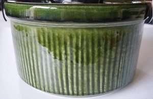 Green medium size Christmas <b>tree</b> <b>stand</b> / planter. Waku West Germany. Metal holder. Vintage mid century pottery. Original - Product Image 4