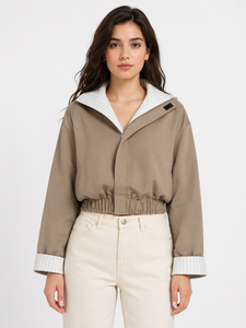 Premium Unisex Solid Canvas <b>Summer</b> Cropped Hooded Bomber <b>Jacket</b> Casual Zip <b>Lightweight</b> Cotton Blend Outerwear Modern - Product Image 1