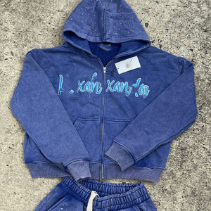 Personalizar los hombres Sudadera con capucha Vintage ácido lavado Sun Fade pantalla impresa peso pesado francés Terry algodón Rhinestone capucha y pantalones cortos - Product Image 2