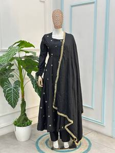 "Women Anarkali Gown Suit Black <b>Sequin</b> Butta Work Long <b>Flared</b> Kurti with Pants and Pearl Dupatta Heavy Indian Pakistani Party We - Product Image 1