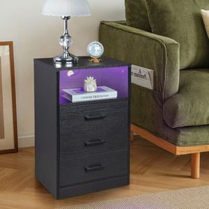 FCH 40*35*65cm <b>Black</b> <b>Bedside</b> <b>Table</b> with LED Light Triamine Three Drawers and Socket Particleboard Pasted Nightstands - Product Image 2