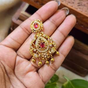 Vintage Red AD Chandbali Chandelier Earrings with Jade Pearl and Diamond - Product Image 1