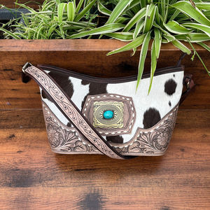 Bolso de mano de piel auténtica de vaca personalizado superventas para mujer, monedero Concho con piedra turquesa Floral, cierre de cremallera, estilo occidental - Product Image 2