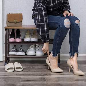 Étagère à chaussures rustique industrielle à 3 niveaux avec plateau en bois et étagères en métal grillagé pour entrée, couloir et salon - Product Image 2