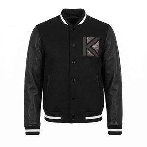Chaqueta Varsity Negra para Hombre con Mangas de Cuero Vacuno y Logotipo K Bordado en la Parte Delantera, Chaqueta Personalizada al por Mayor - Product Image 1