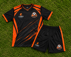 Custom Sublimated Soccer Football Uniform Set with Jersey Shorts and <b>Socks</b> Black Orange V Neck Team Sportswear with Player Name - Product Image 6