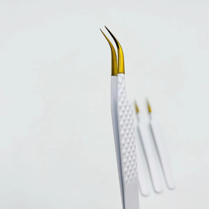 Juego de Pinzas para Extensión de Pestañas de Acero Inoxidable de Primera Calidad al por Mayor, Punta Curva y Puntiaguda, Punta de Fibra Blanca y Dorada - Product Image 2