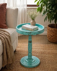 Mesa Auxiliar de Madera Maciza con Pedestal, Portátil, Ecológica y Duradera, Mesa de Noche para Sala de Estar, Mesa Auxiliar para Café - Product Image 2