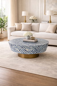Blue Round Coffee <b>Table</b> <b>Resin</b> <b>Top</b> Wood Frame Modern Center <b>Table</b> for Living Room Hotel - Product Image 2