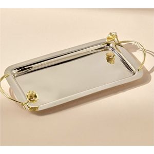 Luxury <b>Rectangle</b> Silver Stainless Steel Serving Tray with Gold Branch Handles Modern <b>Mirror</b> Finish Decorative Metal Food Tray - Product Image 4