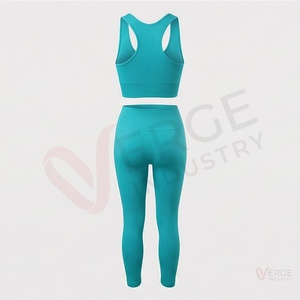 Ensemble de yoga sans couture pour femme, 2 pièces, couleur turquoise, haut court dos nageur et leggings taille haute pleine longueur, tenue de sport unie - Product Image 2