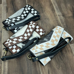 Bolso de Mano Tipo Clutch de Cuero Vacuno Genuino con Diseño a Cuadros Rosa de Moda, Estilo Occidental para Mujer, Cartera para Teléfono con Pelo - Product Image 6