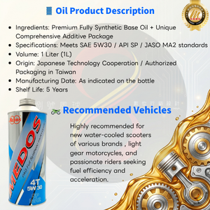Aceite Exclusivo para Motocicletas MEDOS, Distribuidor Autorizado, 5W30 MA2, Totalmente Sintético, Especial Profesional, 1L - Product Image 2