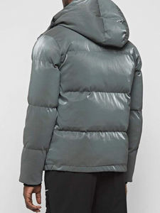 Men's Gray Hooded Puffer Jacket Stand Collar Zipper Closure Windproof Down Filled <b>Winter</b> <b>Coat</b> Casual Style - Product Image 5