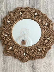 Espejo Redondo de Pared de Macramé Estilo Boho Marrón, Hecho a Mano con Cuerda de Algodón, Decorativo para Colgar en la Sala de Estar, Decoración del Hogar, Diseño Geométrico Circular - Product Image 1