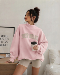 Sudadera Oversize de Cuello Alto para Mujer, Color Rosa Bebé, Tejido de Algodón, Manga Larga, Estampado de Letras, Moda Otoño - Product Image 1