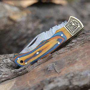 Cuchillo Plegable Recto de Acero de Damasco Hecho a Mano con Punta Caída, Mango de Madera Pakka Colorida, para Caza, Camping, Aire Libre, EDC, OEM - Product Image 6