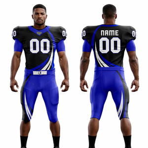 ชุดยูนิฟอร์มอเมริกันฟุตบอลแบบกำหนดเอง สีดำ-น้ำเงิน ชุดเสื้อเจอร์ซีย์แบบซับลิเมชั่น พร้อมชื่อทีมและหมายเลขส่วนตัว ชุดฝึกซ้อมรักบี้ - Product Image 1