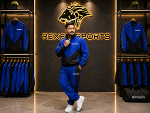REXFIT SPORTS 2026 Custom <b>Men</b>’s Blue Black Color Block Tracksuit Full Zip Sports <b>Jacket</b> and Jogger Pants Set Private Label - Product Image 6