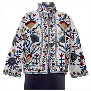 Chaqueta Bomber de Algodón 100% Tejido Suzani TNT para Mujer, con Volantes Bordados, Diseño Floral Vintage, Ecológica, Transpirable, de Secado Rápido, para Verano - Product Image 1