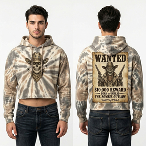 Sweat à capuche court tie-dye pour homme, imprimé graphique Cowboy Bandit Zombie, thème affiche de recherche Western, streetwear personnalisé Désertiques Mort-vivants - Product Image 1