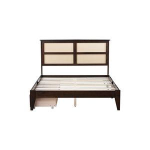 Lit rembourré pleine grandeur Espresso avec tête de lit en rotin, soutien amélioré, pieds surélevés, deux tiroirs de rangement en bois d'hévéa - Product Image 4