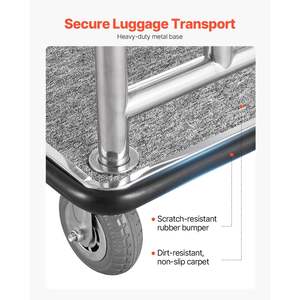 Chariot à bagages de luxe pour hôtel, capacité de charge 750 LBS, plateau moquetté gris, roues en caoutchouc de 6 pouces, cadre avant amovible, chariot de service - Product Image 5