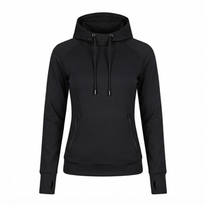 Sweat-shirt à capuche pour femme, couleur unie, polyester/coton, tricoté, manches longues, poches zippées, respirant, hiver, logo frontal - Product Image 4
