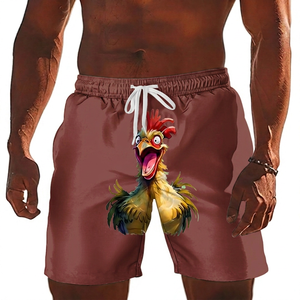 Shorts de Baño Casuales para Hombre, Color Borgoña, con Estampado de Gallo, de Poliéster, Cintura Media, Bolsillos, Secado Rápido, con Cordón Ajustable - Product Image 1