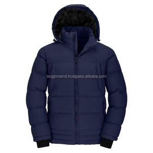 2024 hommes hiver matelassé doudoune bleu imperméable capuche bouton de support Logo personnalisé impression OEM bulle tissu haute rue - Product Image 1