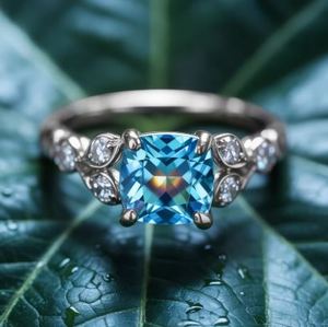 Anillo de Topacio Azul Corte Cojín en Plata de Ley 925 y Oro de 14K, Anillo de Lujo para Mujer, para Boda, Compromiso o Fiesta, con Engaste de Garras - Product Image 2