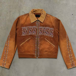 Chaqueta de hombre con cremallera de pana y mezclilla, estilo urbano, personalizada, con lavado vintage, diamantes y pedrería - Product Image 4