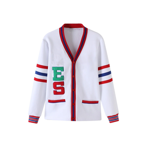 <b>Women's</b> White <b>Fleece</b> <b>Cardigan</b> Long Sleeve V-Neck Contrast Color Button Front USA Lettering Preppy Style - Product Image 1