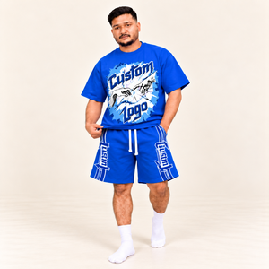 เสื้อยืดโอเวอร์ไซส์ลายกราฟิกพร้อมกางเกงขาสั้น ชุดลำลองฤดูร้อนสำหรับผู้ชาย สกรีนโลโก้ได้ตามต้องการ ขายส่งจากโรงงาน - Product Image 2