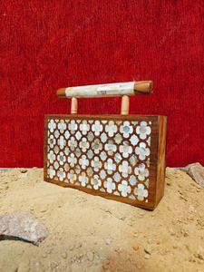 Luxury Wooden Clutch <b>Handbag</b> with Mother of <b>Pearl</b> Floral Inlay Top Handle Designer Evening Party Wedding Bag - Product Image 3
