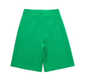 Pantalones cortos de traje drapeados de cintura alta para mujer con bolsillos y cremallera frontal - Product Image 5